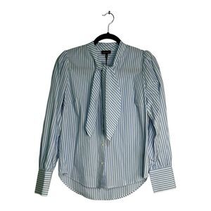 Blue White Striped Blouse Shirt Button Up LS Tie-Neck Sz XS Preppy Office Career